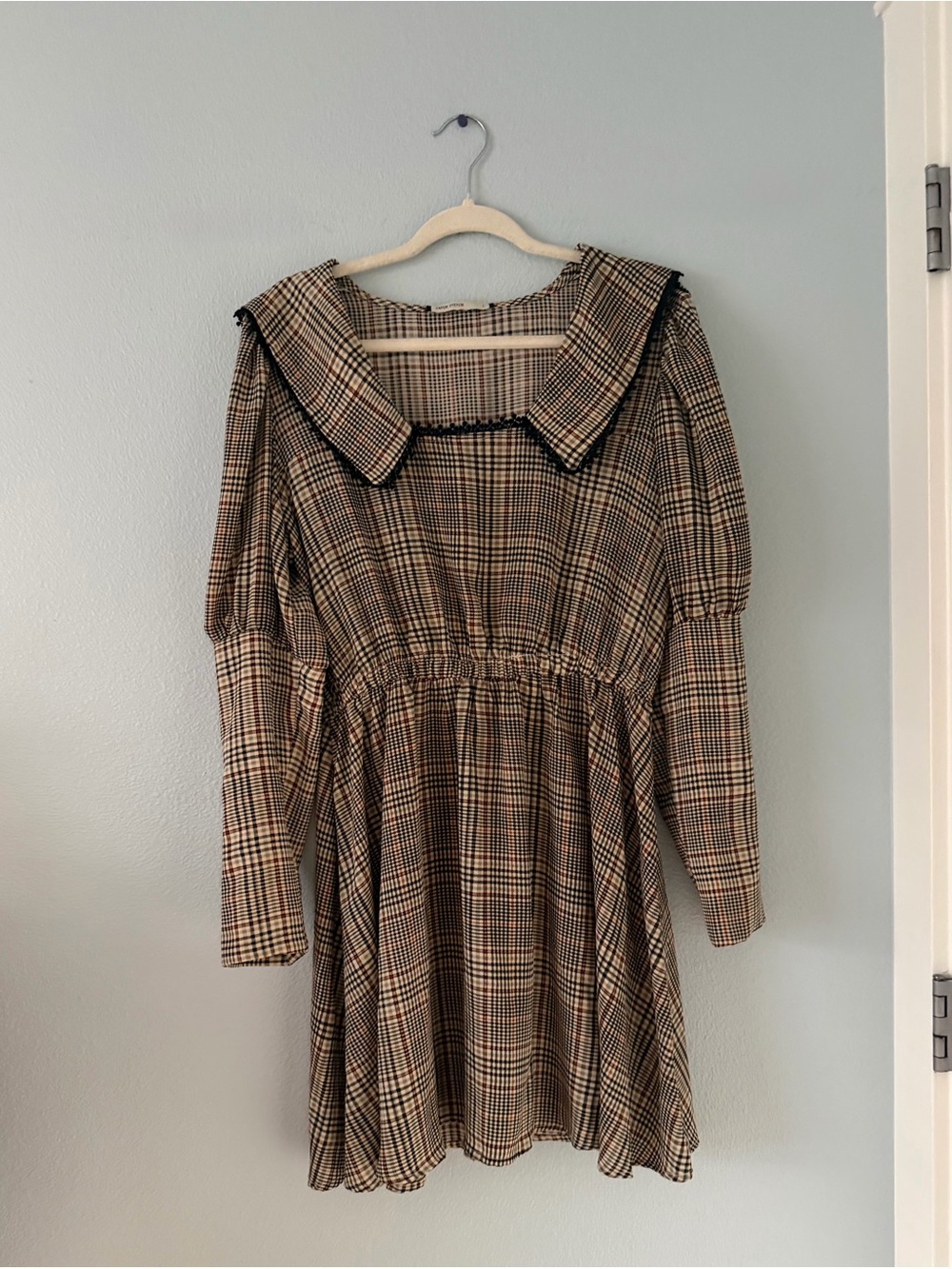 Plaid Mini Dress with Wide Sailor Collar - Brown Plaid
